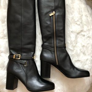 Michael Kors Arley Black Leather Gold  Tone Hardware Boots